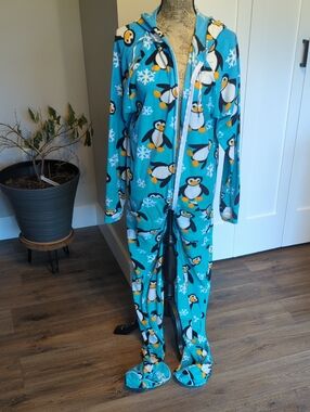 Teal Penguin Hooded Women’s Fleece Onesie Pajamas